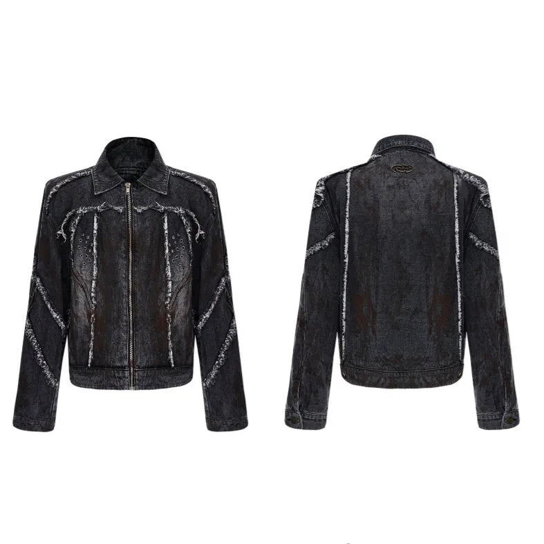 Distressed black gradient denim coat with padded shoulders and matching trousers laid flat