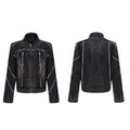 Distressed black gradient denim coat with padded shoulders and matching trousers laid flat