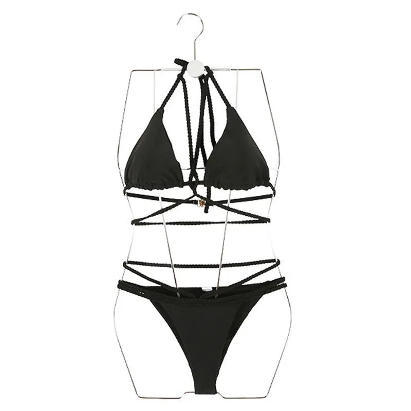 Black and red women's two-piece nylon bikini set for swimming.