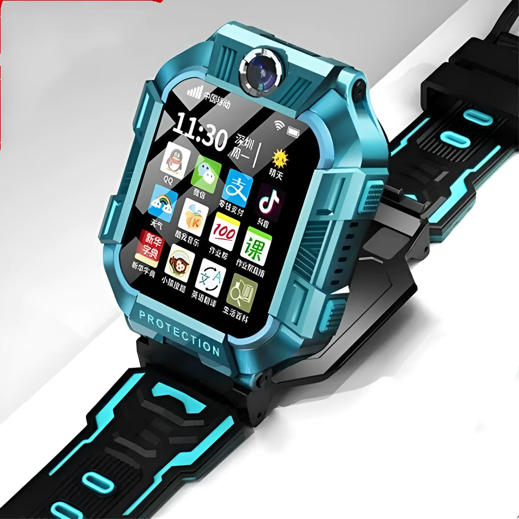 Green A63 children's smartwatch with GPS, 4G, camera, on a silicone wristband.