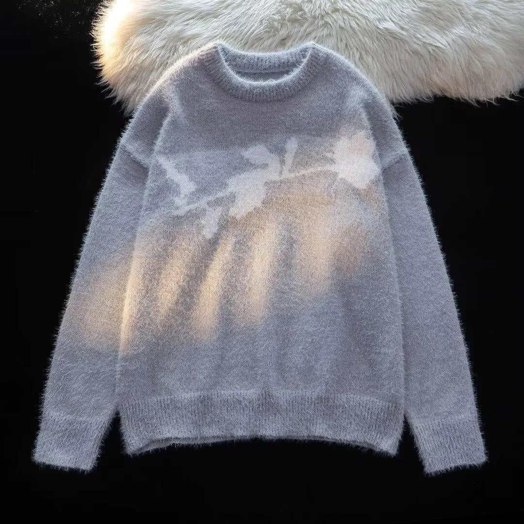 Men's dark grey sweater with a large white flocking horse pattern on the chest.
