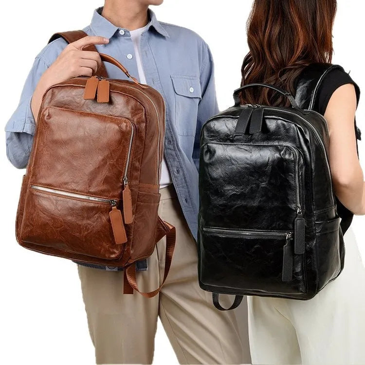 American vintage waterproof backpack 20-35L with PU lining and curved shoulder straps in black, brown, dark brown, or yellowish brown.