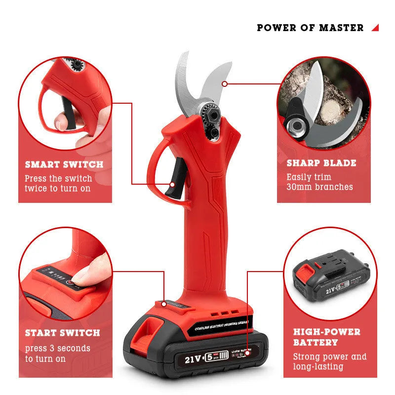 Red rechargeable electric branch shears with lithium battery, 220V US plug, and plastic box set for garden pruning