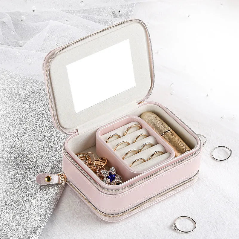 Simple zipper PU leather jewelry box in light blue with compact 11.5cm size and metal zipper closure
