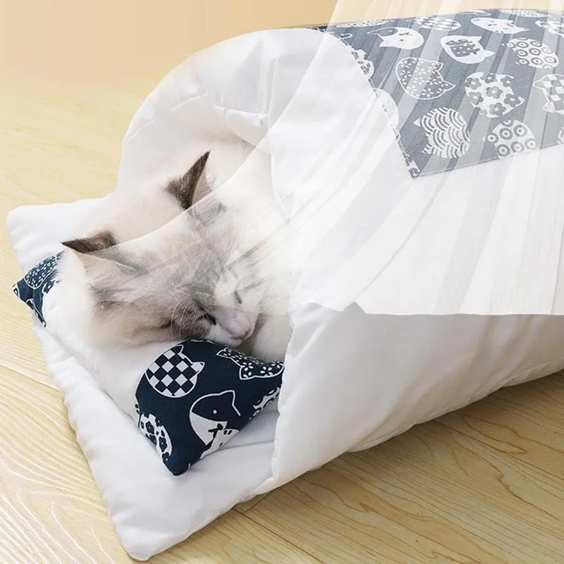 Grey cushioned pet bed house with a removable inner sleeping bag and a built-in pillow for cats and dogs.