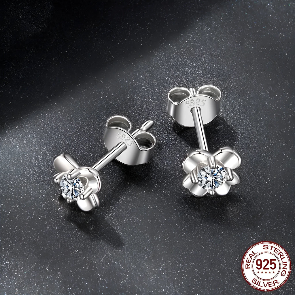 S925 sterling silver clover stud earrings with 10 points moissanite, electroplated, pair with certificate