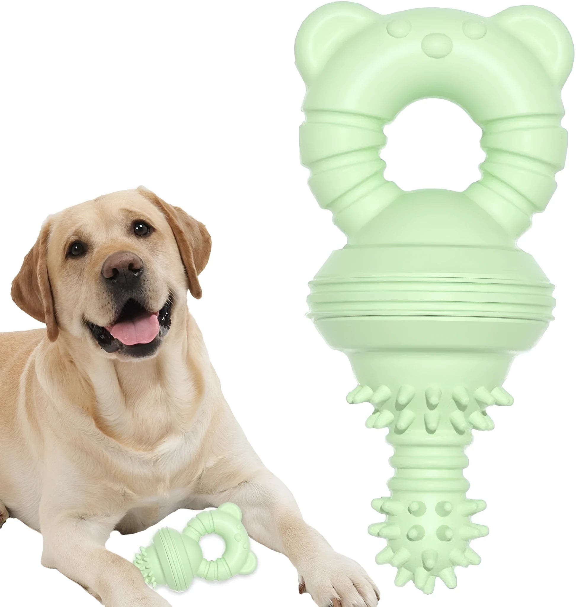 Blue rubber dog chew toy with textured surface and bell inside, for aggressive chewers.