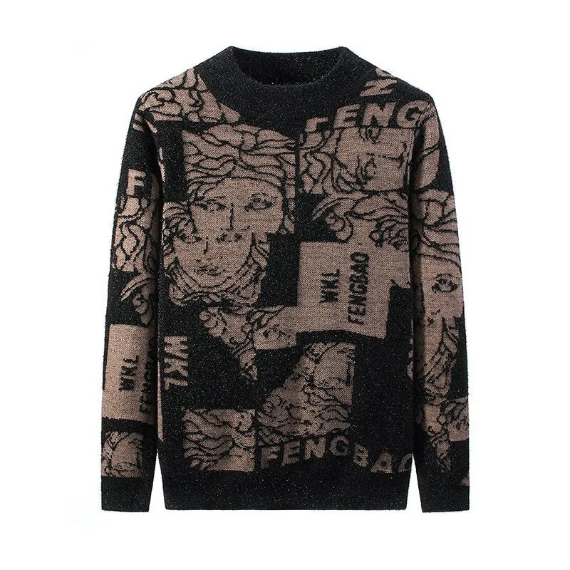 Autumn winter thick mink velvet round neck long sleeve pullover sweater in gray with slim fit and printed details for women