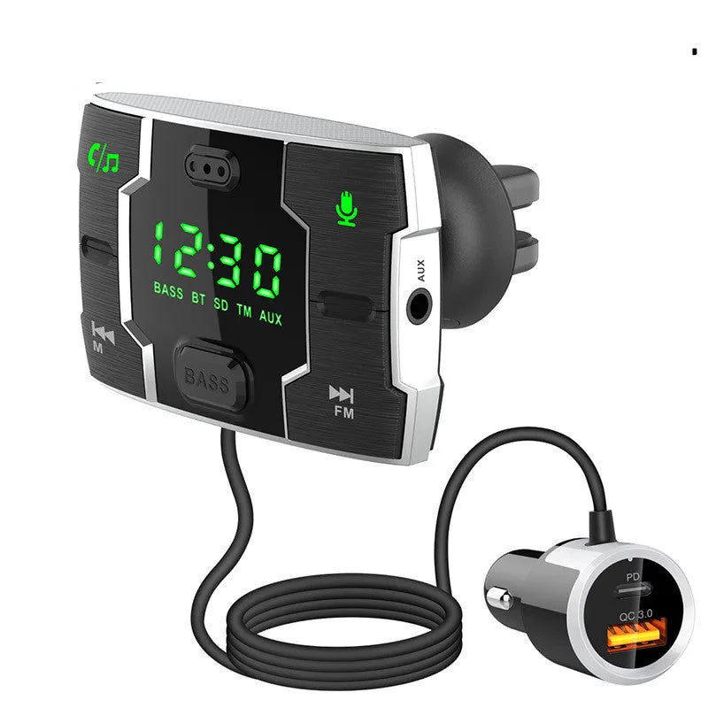 Car FM transmitter music player with Bluetooth and 1.2 inch display, black ABS, 148g gross weight