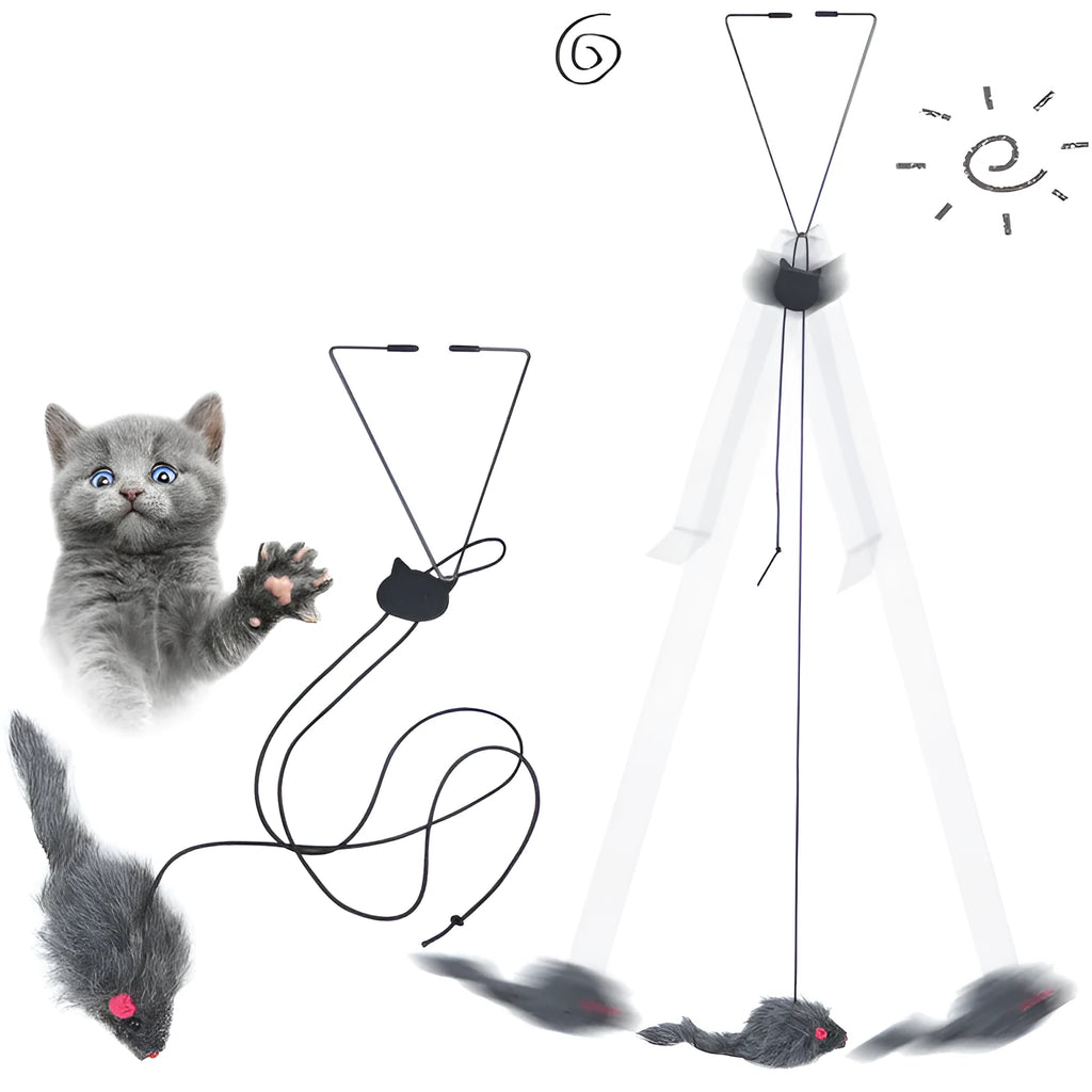 Hanging cat toy with plush mouse, 180cm elastic rope, adjustable buckle, and triangle hook in grey