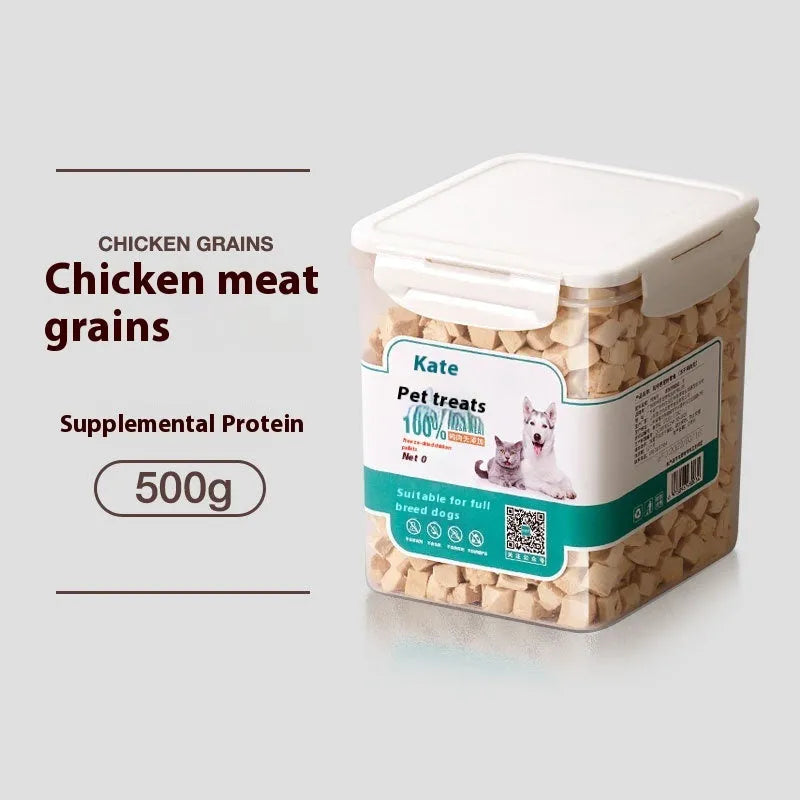 500g freeze-dried chicken cat treats in resealable bag or storage tin options