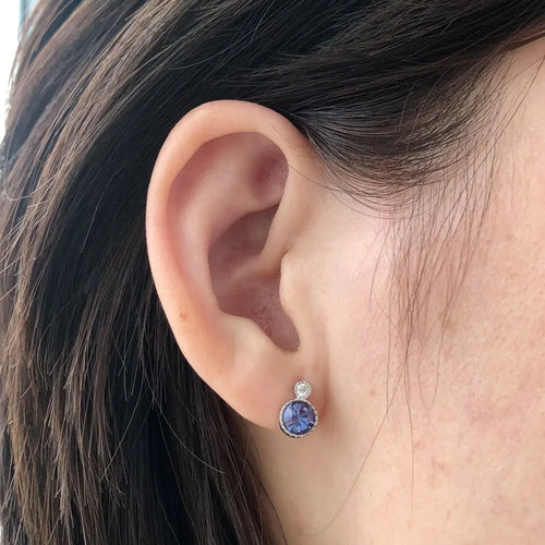 925 sterling silver geometric round stud earrings for women, electroplated finish, pair of two silver tone studs.