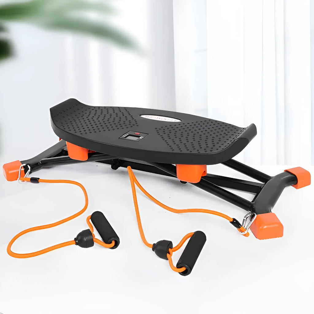 Black mini indoor skiing exercise machine with elastic hand straps, compact home cardio equipment.