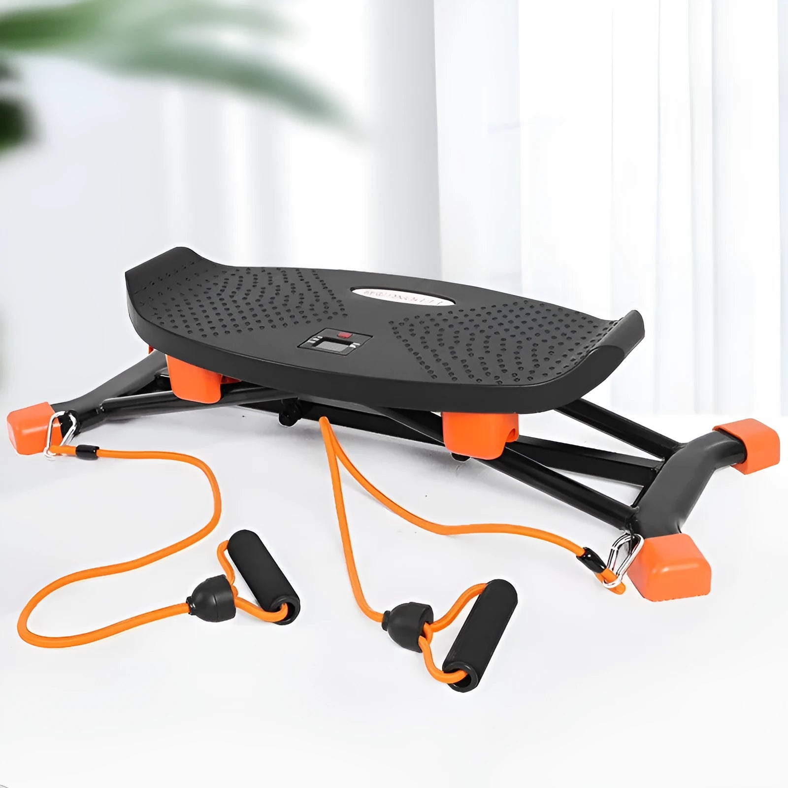 Black mini indoor skiing exercise machine with elastic hand straps, compact home cardio equipment.