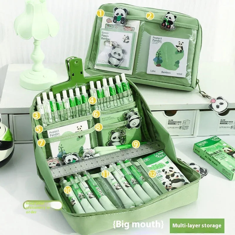Green Korean-style canvas pencil case showing 12 open layers for organised pen and pencil storage