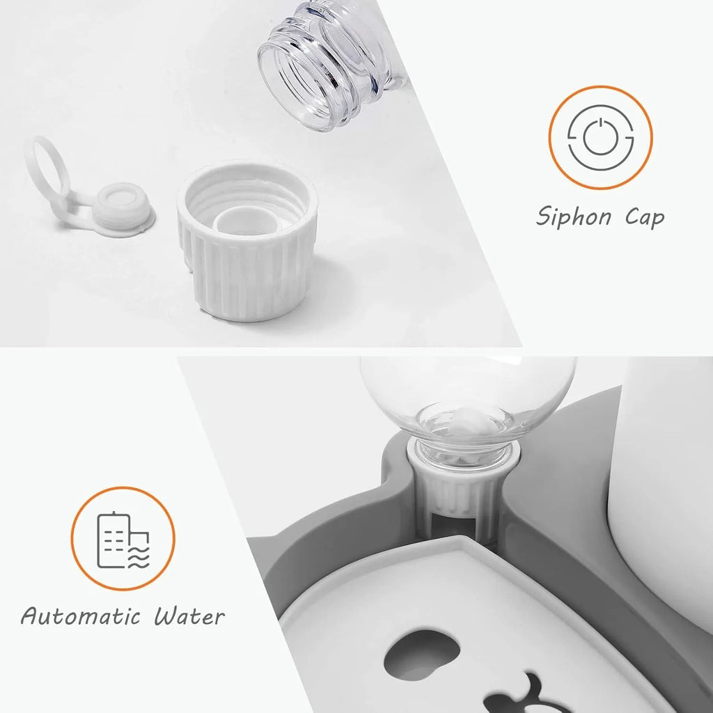 Grey elevated pet bowl set with automatic water bottle and panda design for cats and small dogs