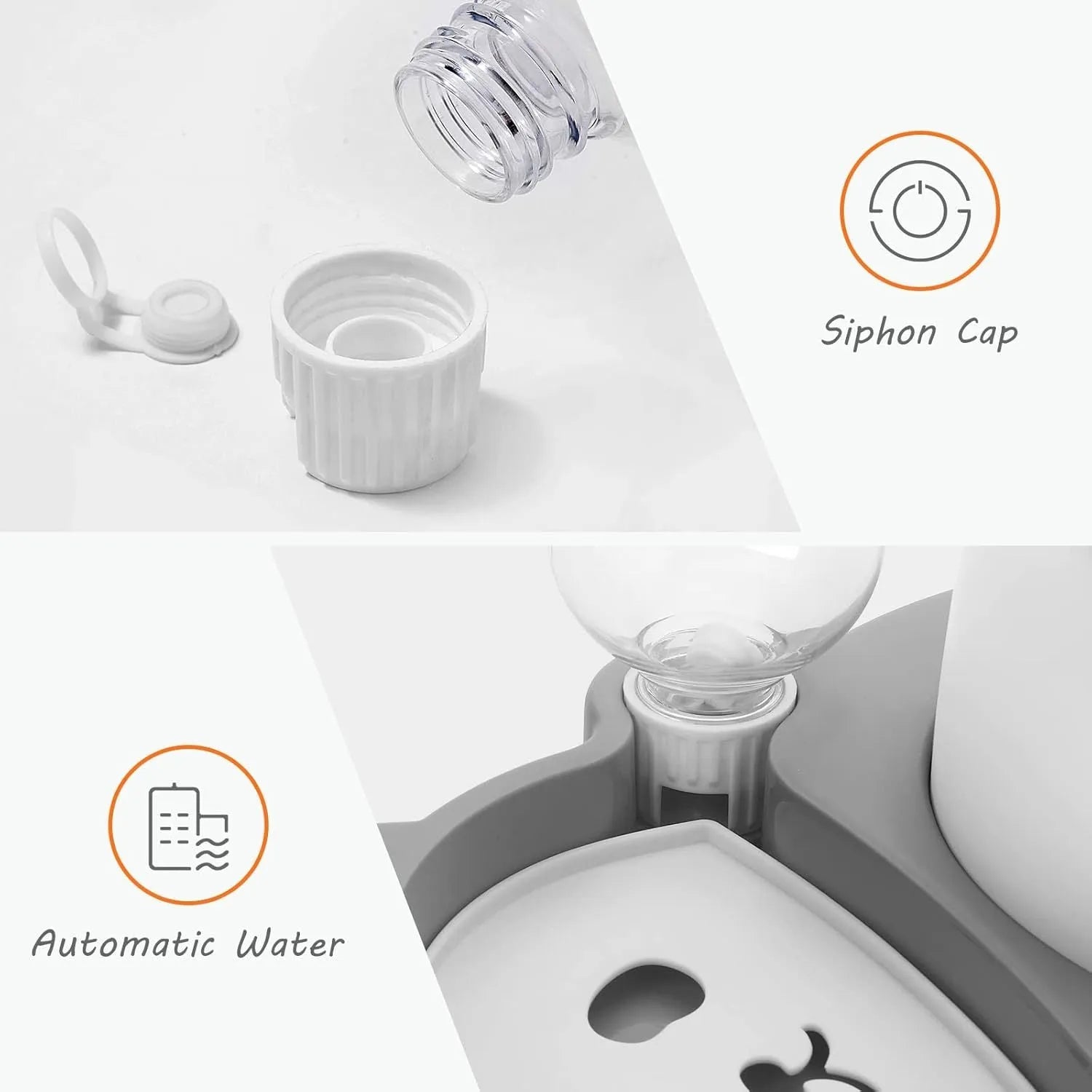 Grey elevated pet bowl set with automatic water bottle and panda design for cats and small dogs