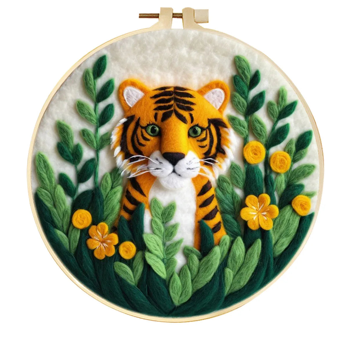 Round linen embroidery frame with wool felt floral decoration kit for three-dimensional wall art