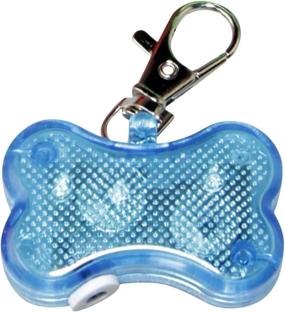 Blue LED bone-shaped luminous pendant attached to a black dog collar, flashing on a dark background.
