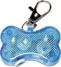 Blue LED bone-shaped luminous pendant attached to a black dog collar, flashing on a dark background.