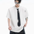 Niche tie stitching short sleeve solid colour loose fit top with metal decoration, black, front view