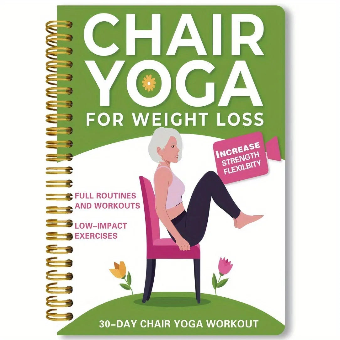 Green coil-bound 30-day chair yoga training notebook with open pages showing exercise plans