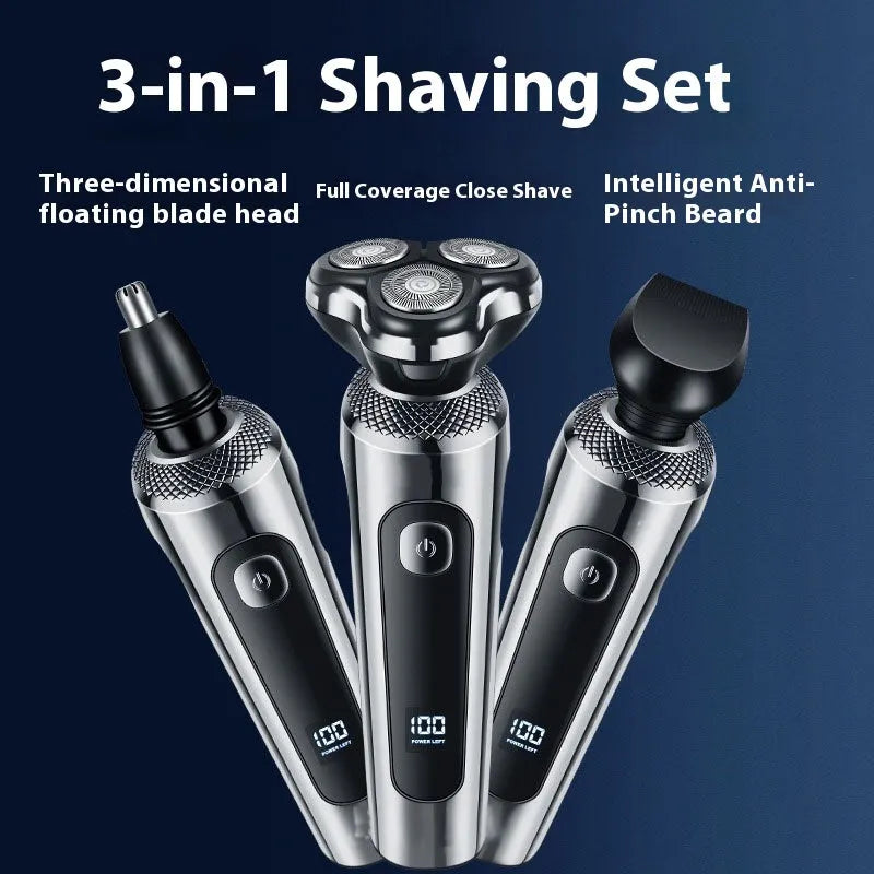 USB rechargeable beard trimmer with digital LED display on a black and silver five-in-one base bracket.