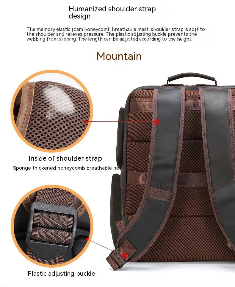 Dark brown men's leather backpack open to show internal compartments for a 17-inch laptop and organisation pockets.