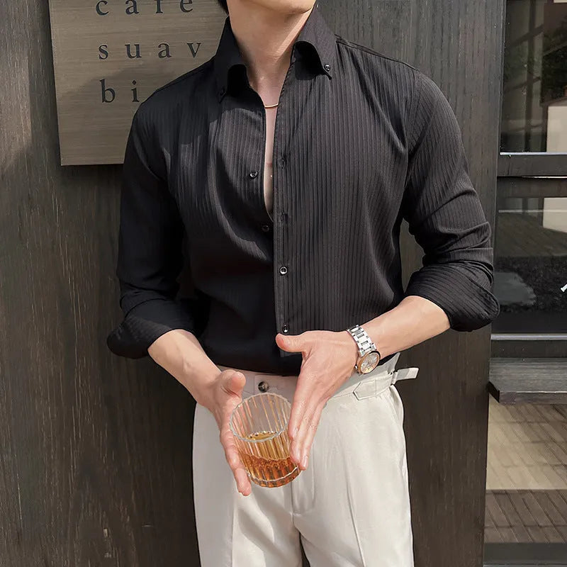 Men's dark striped V-neck long sleeve cardigan shirt in chemical fiber blend fabric