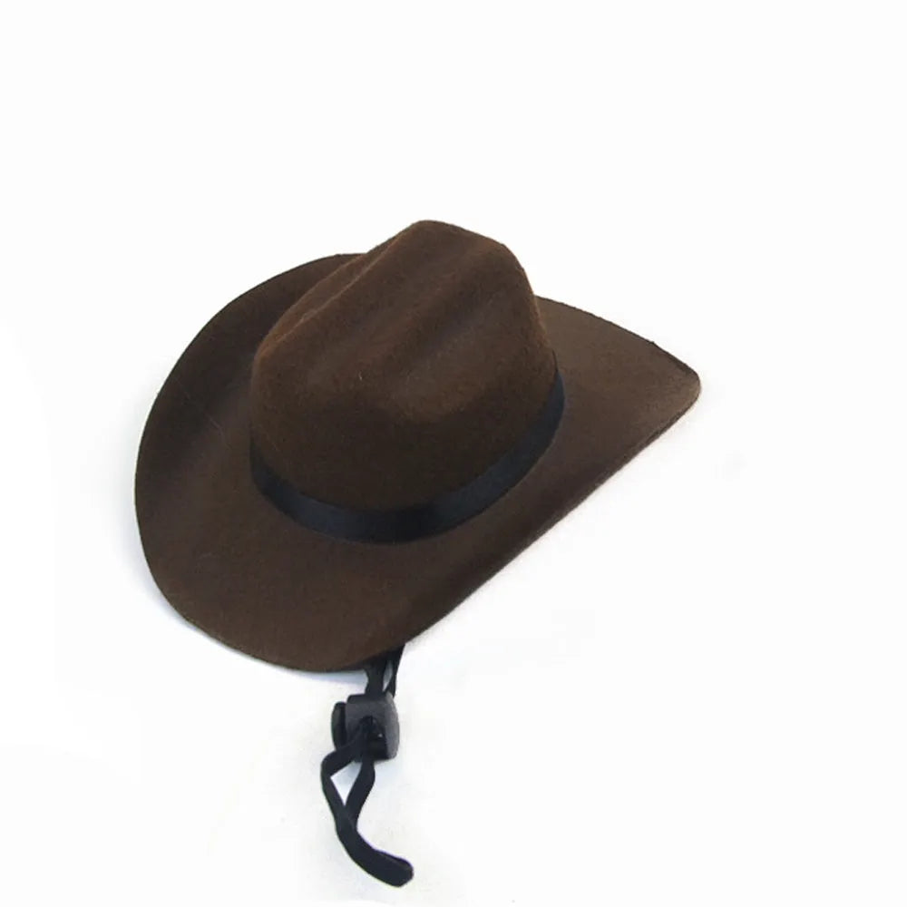 A small brown fabric cowboy hat for a dog, shown on a white background.
