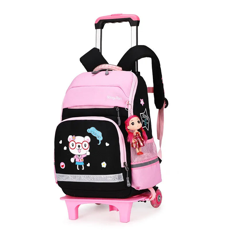 Red detachable trolley backpack for elementary school students with wheels and Oxford cloth construction