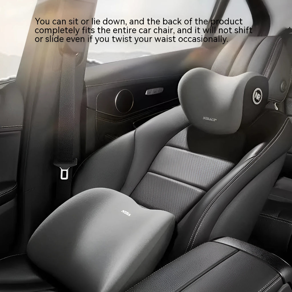 Black memory foam car headrest pillow and matching lumbar support pillow with a milk silk cover.