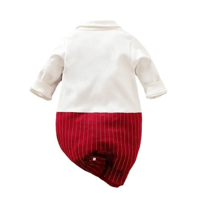 Wine red cotton baby boy romper suit with long sleeves and trouser legs.
