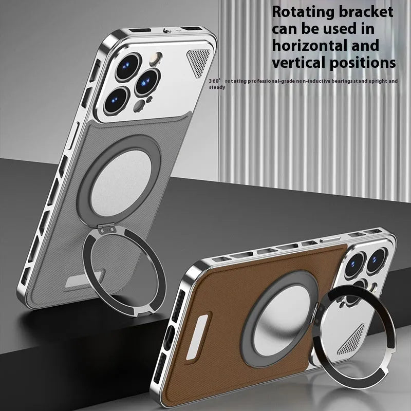 Aluminium alloy leather phone case with rotating bracket and magnetic suction in black, silver gray or brown