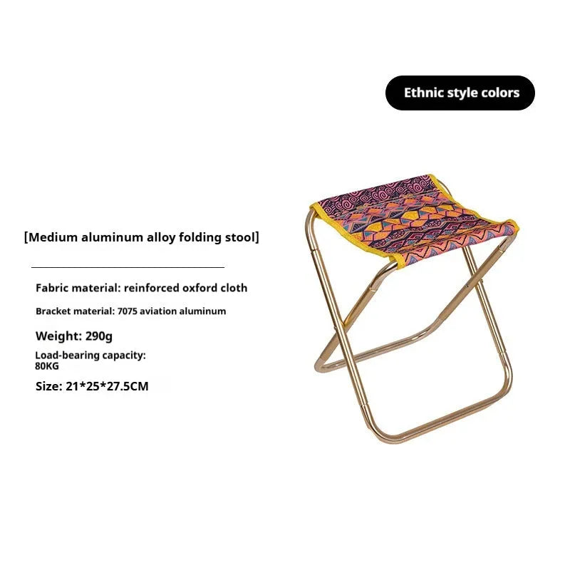 Black aluminium alloy folding camp stool shown in open and folded positions.