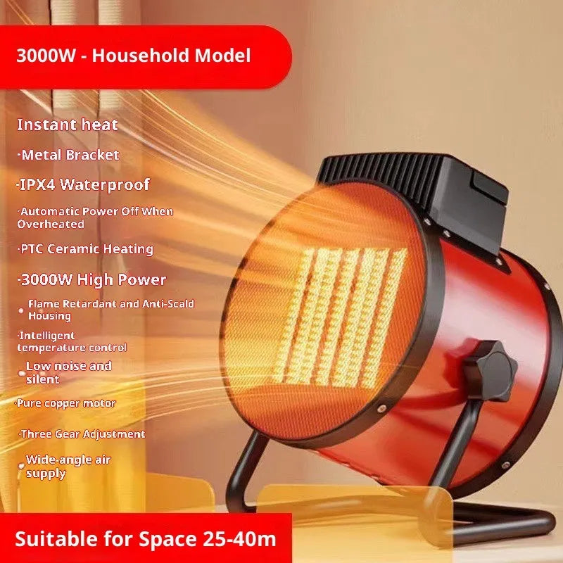 High power mini heater with button controls and EU plug, 3000W fast heating, quiet operation for home office
