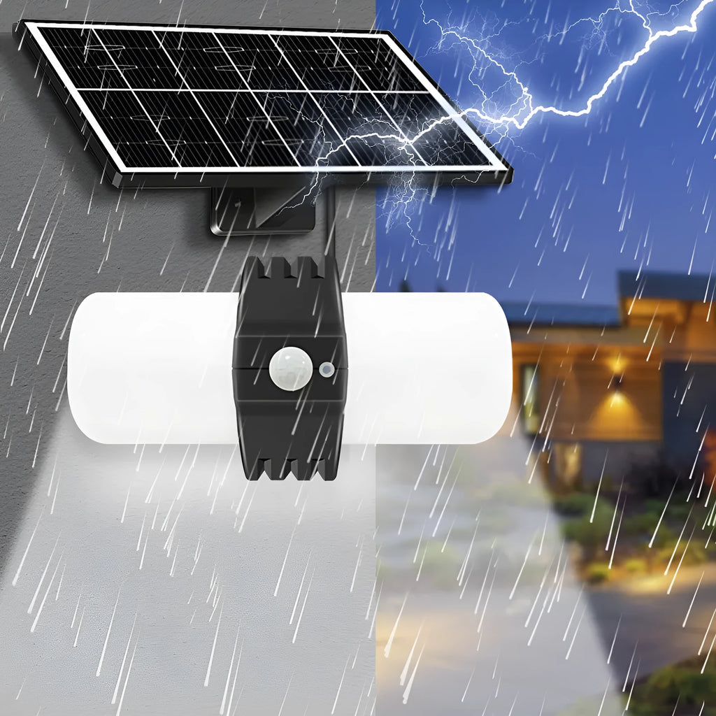 Black solar-powered outdoor floodlight with motion sensor and abstract design