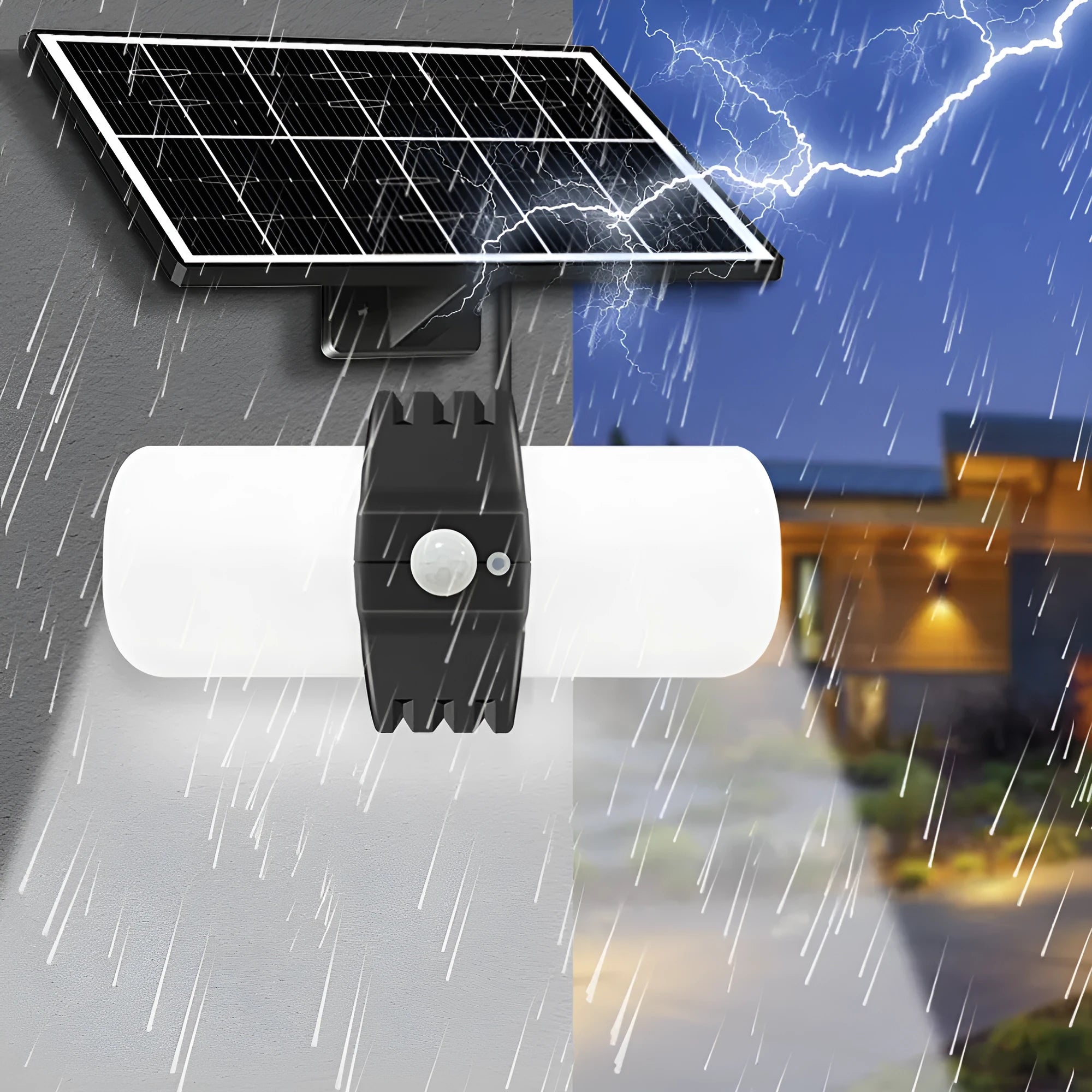 Black solar-powered outdoor floodlight with motion sensor and abstract design