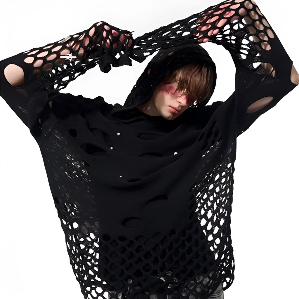 Black men's loose fit hooded sweater with hollow knit texture and pearl detail on the hood.
