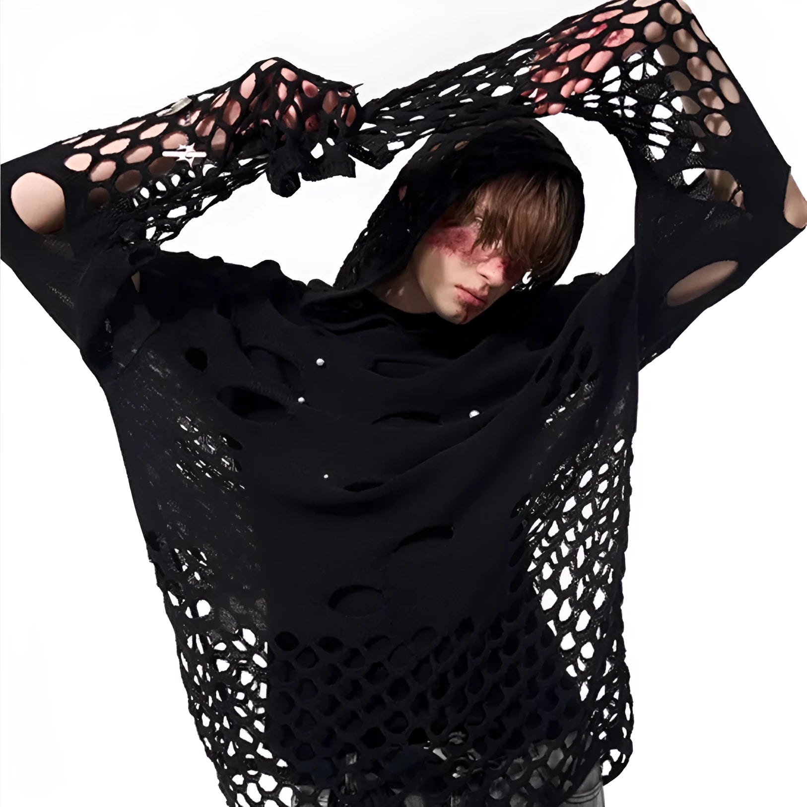 Black men's loose fit hooded sweater with hollow knit texture and pearl detail on the hood.