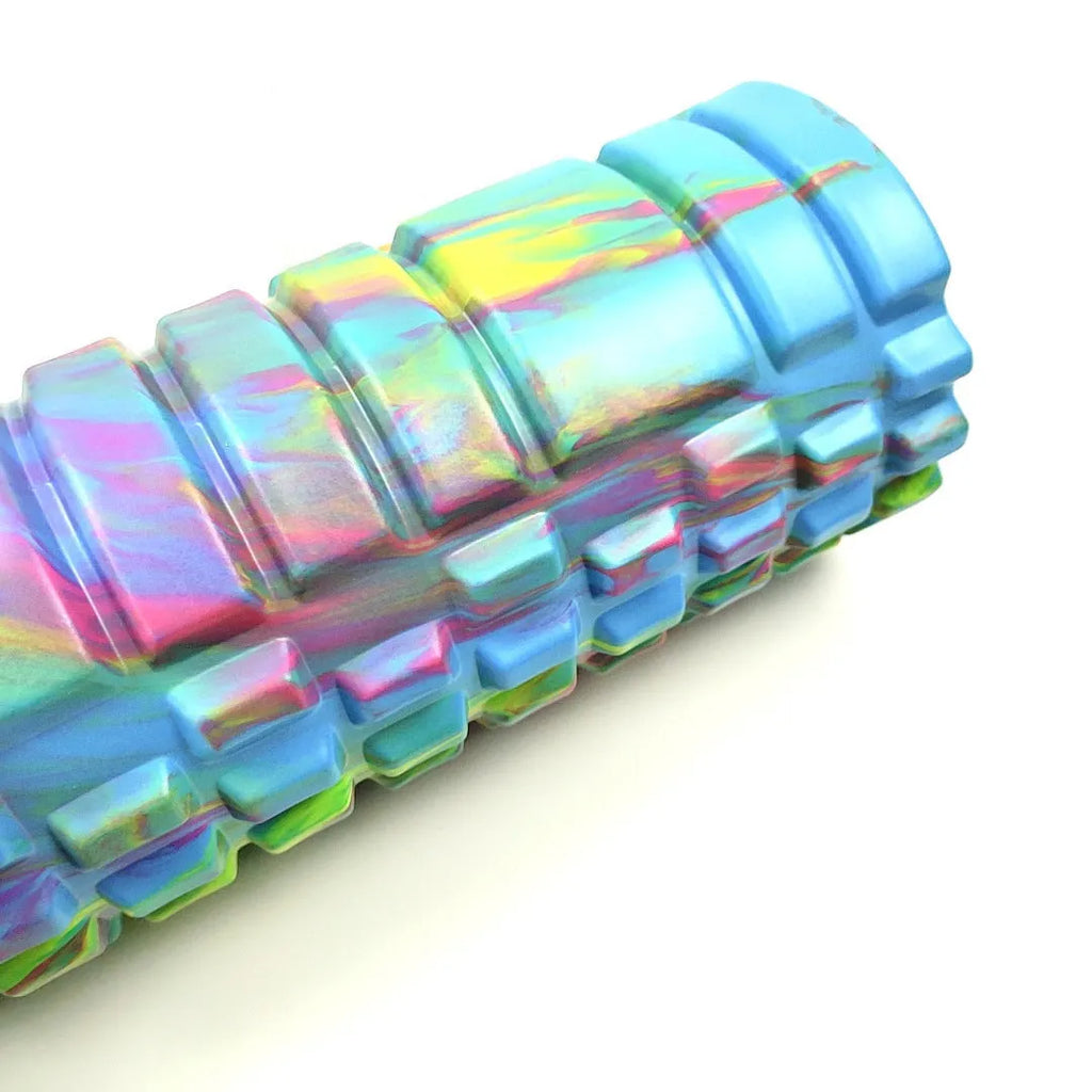 33cm camouflage pattern EVA foam roller in blue green yellow colour on a fitness mat.