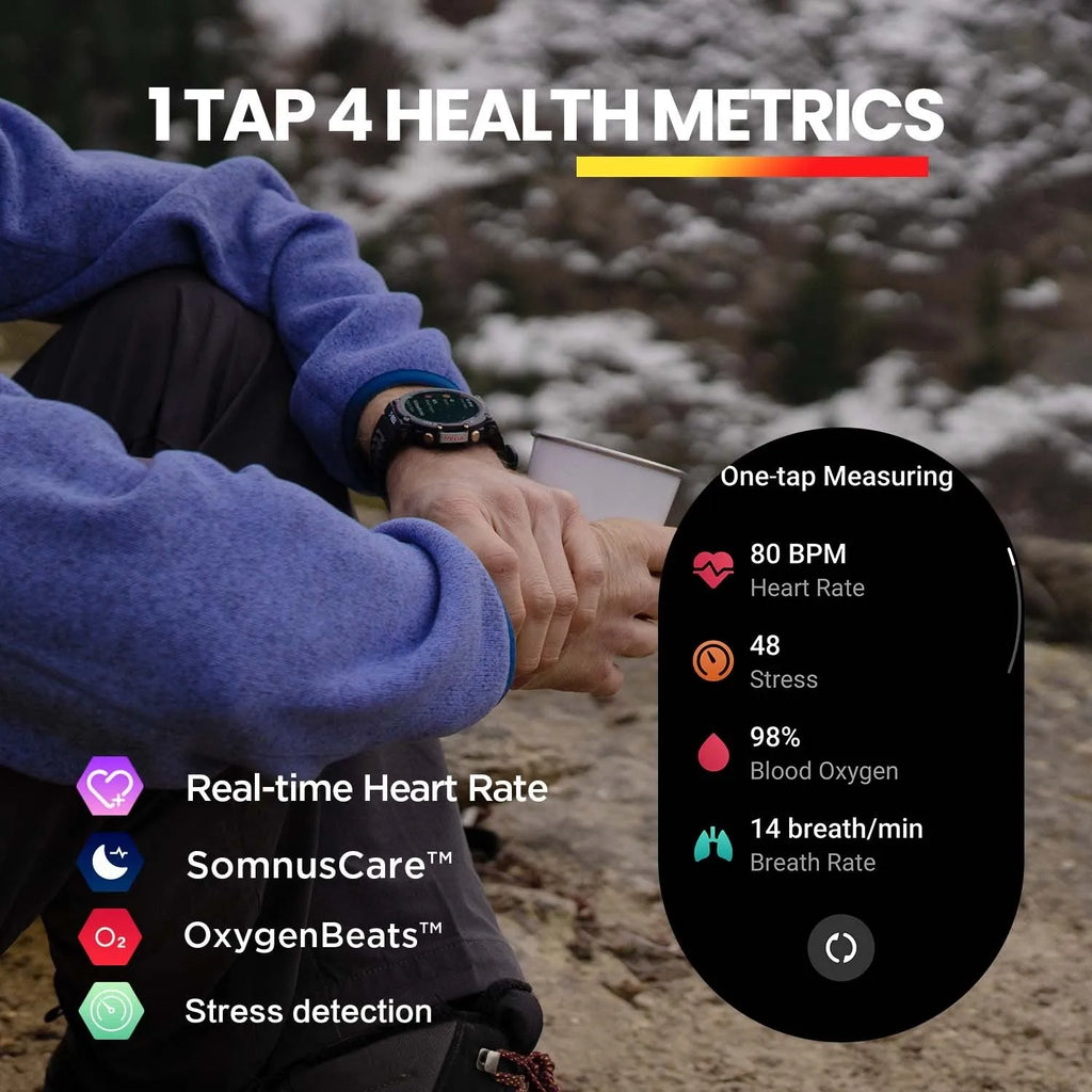 Heart rate blood oxygen monitoring fitness watch with round dial and silicone strap, 47.1x47.1x13.65mm