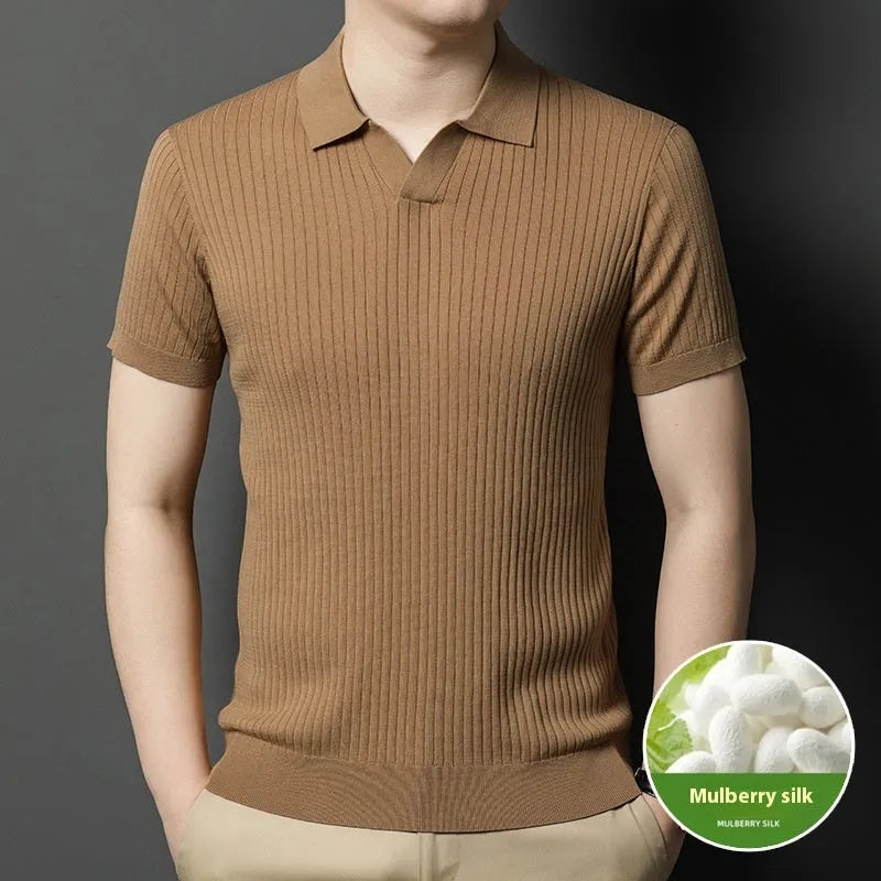 Men's striped mulberry silk T-shirt with lapel collar and short sleeves in multiple colour options.