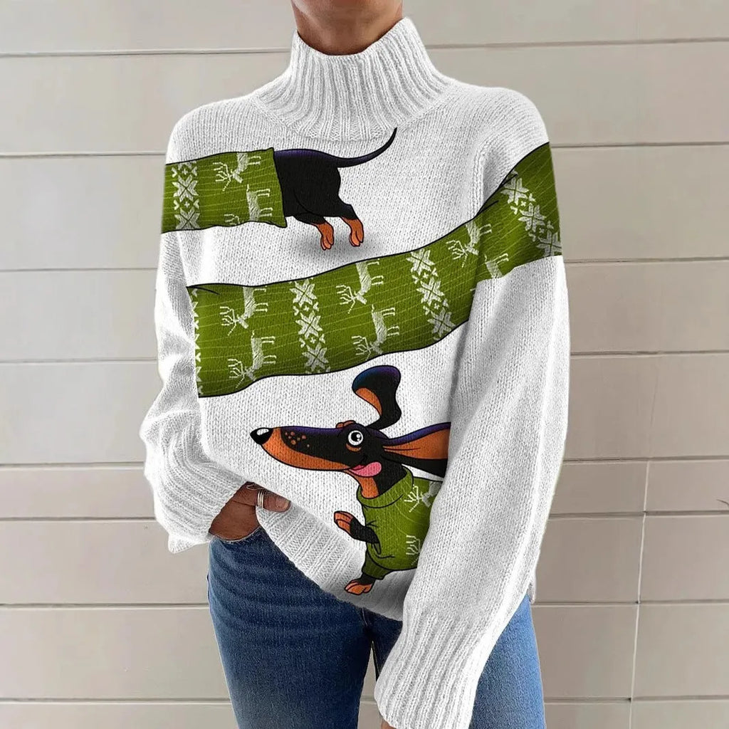 Women's loose fit Christmas printed turtleneck sweater with long sleeves in a macaron colour.