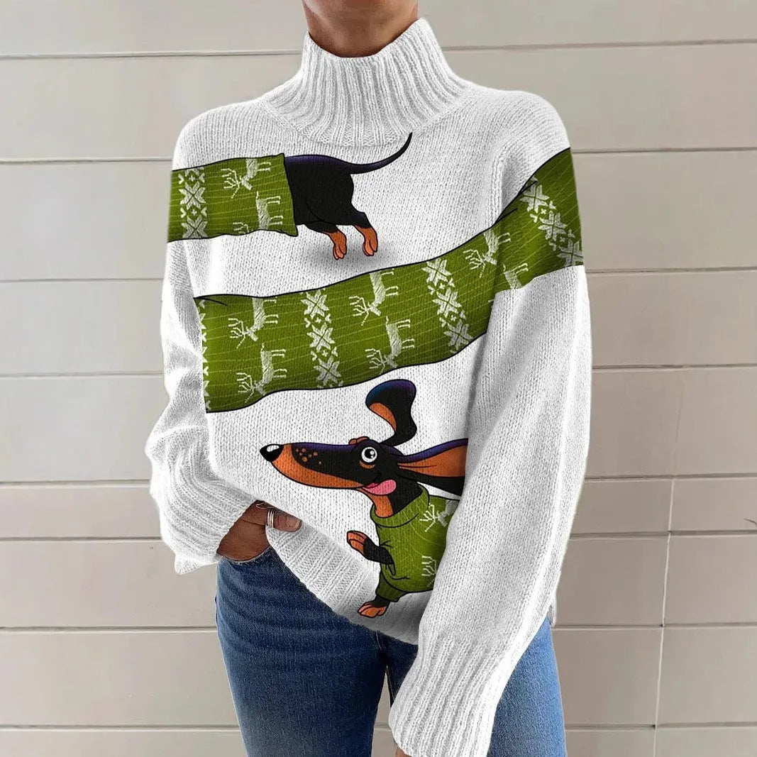 Women's loose fit Christmas printed turtleneck sweater with long sleeves in a macaron colour.