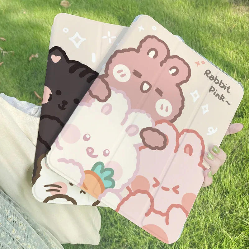 Rabbit cartoon design tri-fold silicone protective case for iPad tablet in stand position.