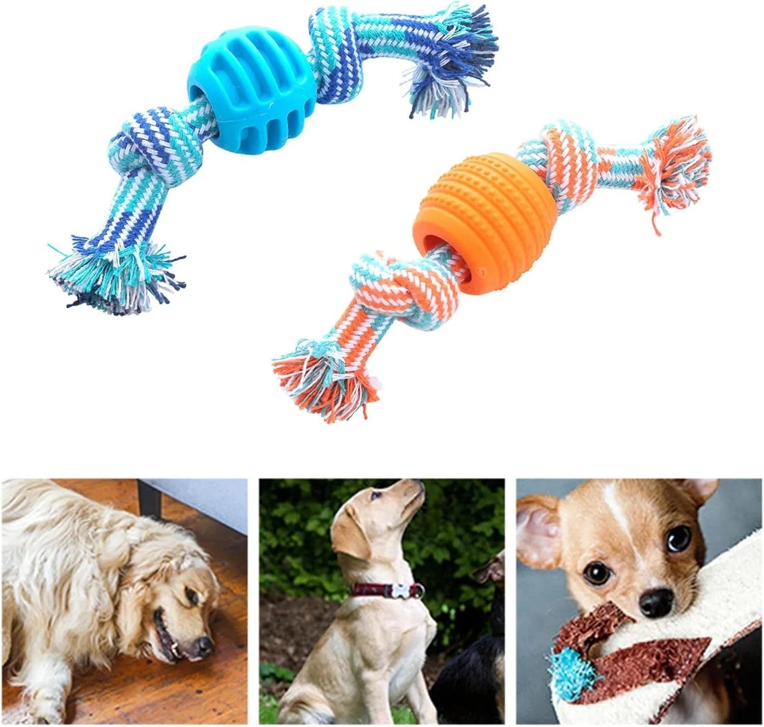 Blue soft dog chew toy with integrated rope for dental care and oral health.