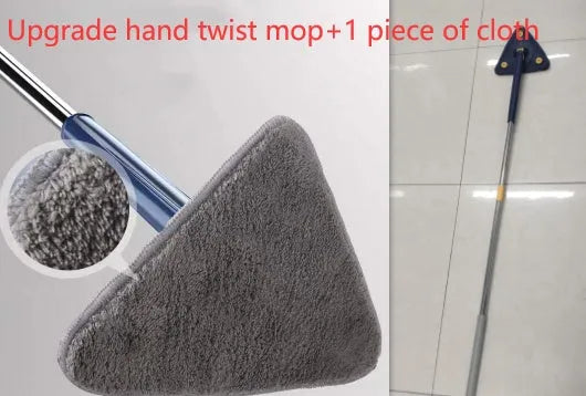 Extendable blue triangle mop with 360 rotating head and automatic water squeezing mechanism