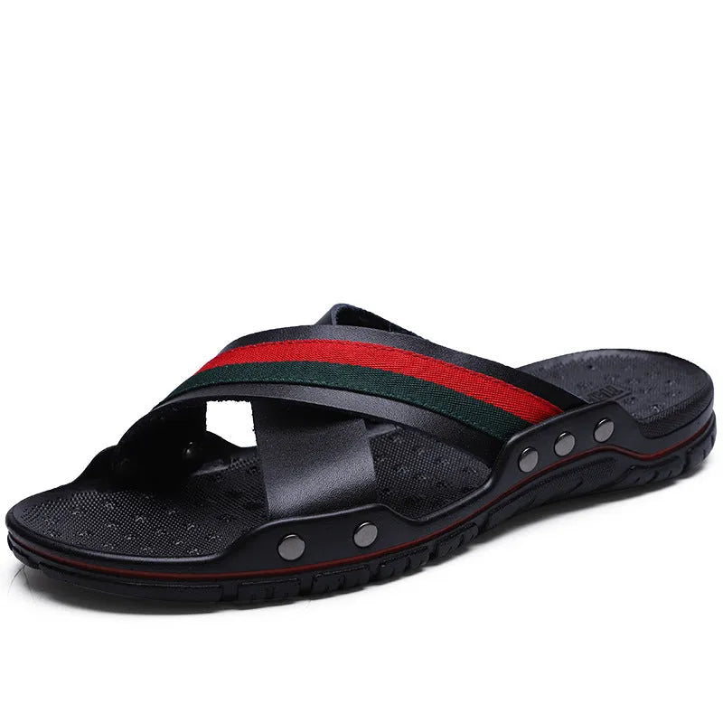 Men's cowhide leather flip-flops with PU sole in white, blue, or black on a beach background.