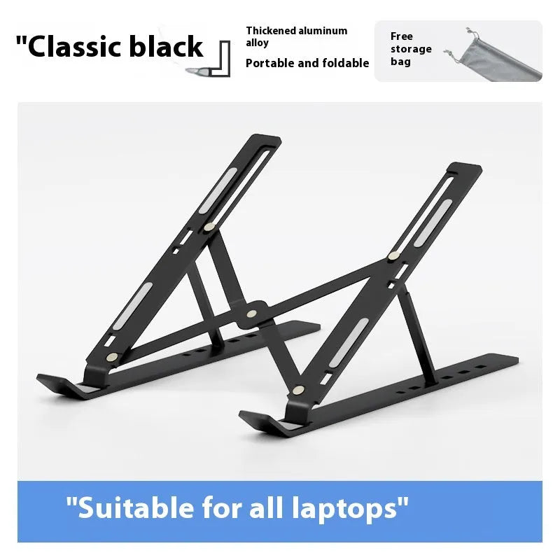 Silver aluminium alloy folding laptop stand holding a laptop, shown alongside its black cloth storage bag.